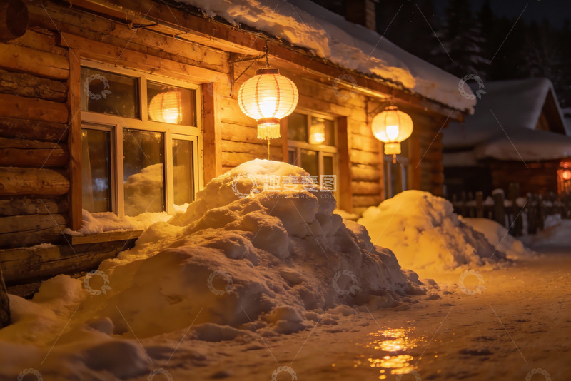 高清大图下载【趣麦麦图】雪夜木屋灯笼暖光
