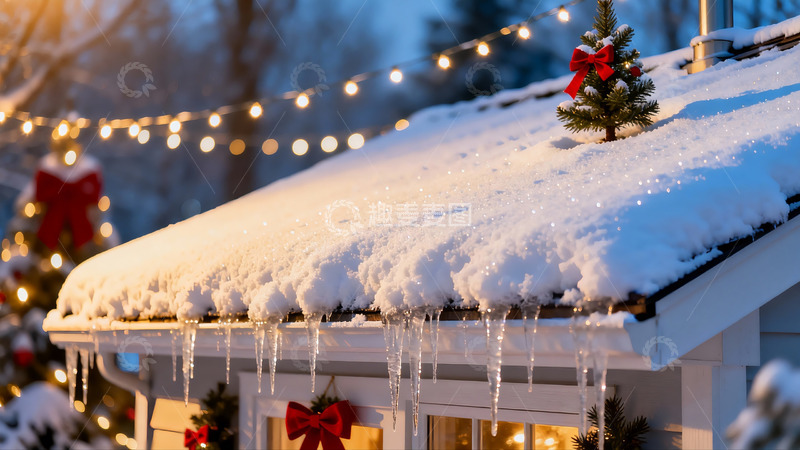 高清大图下载【趣麦麦图】雪后屋顶挂冰凌节日氛围浓