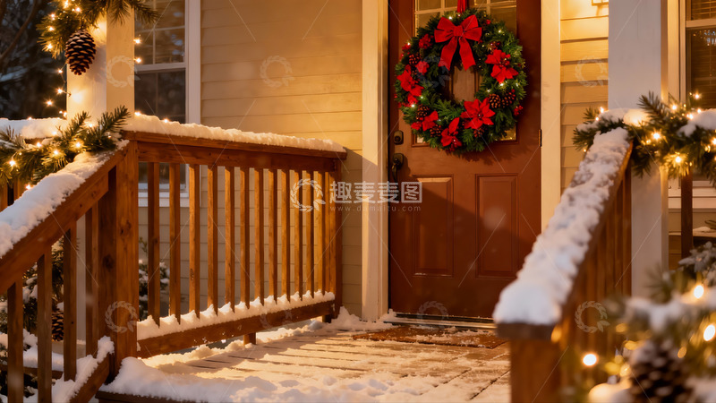 高清大图下载【趣麦麦图】雪夜圣诞门廊温馨装饰