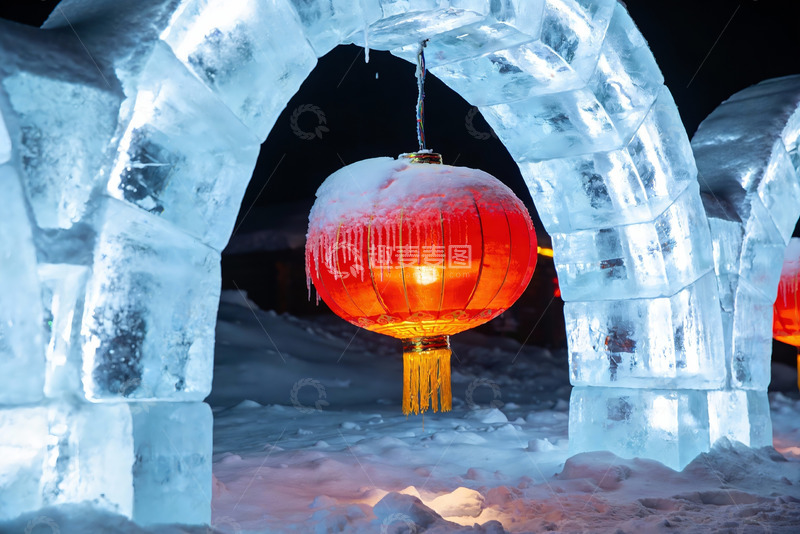高清大图下载【趣麦麦图】冰雕拱门红灯笼夜景