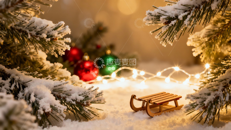 高清大图下载【趣麦麦图】雪覆松枝圣诞小雪橇