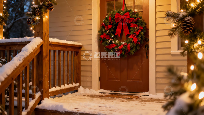 高清大图下载【趣麦麦图】雪夜圣诞门廊温馨装饰