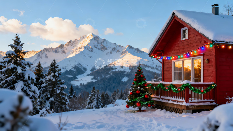 高清大图下载【趣麦麦图】雪景木屋圣诞装饰