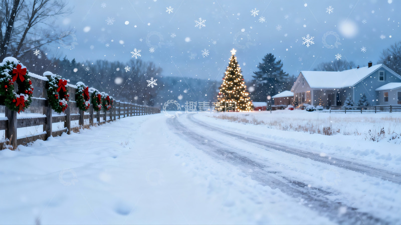 高清大图下载【趣麦麦图】雪夜圣诞树与围栏