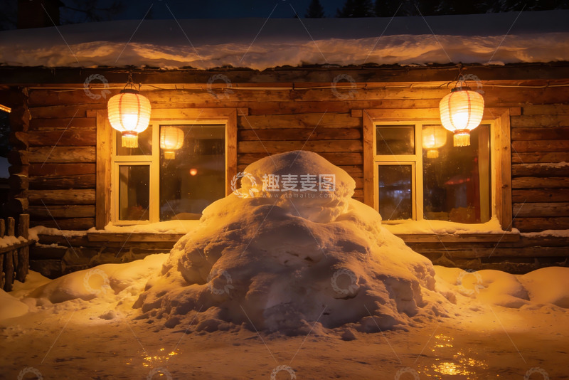 高清大图下载【趣麦麦图】雪夜木屋灯笼映照温馨场景