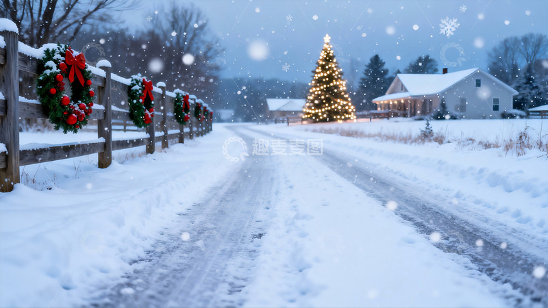 高清大图下载【趣麦麦图】雪夜圣诞树与围栏