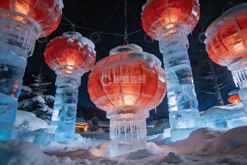 高清大图下载【趣麦麦图】冰灯笼夜景雪地奇观