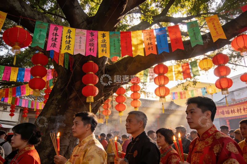 高清大图下载【趣麦麦图】古树下祈福庆典众人手持香烛