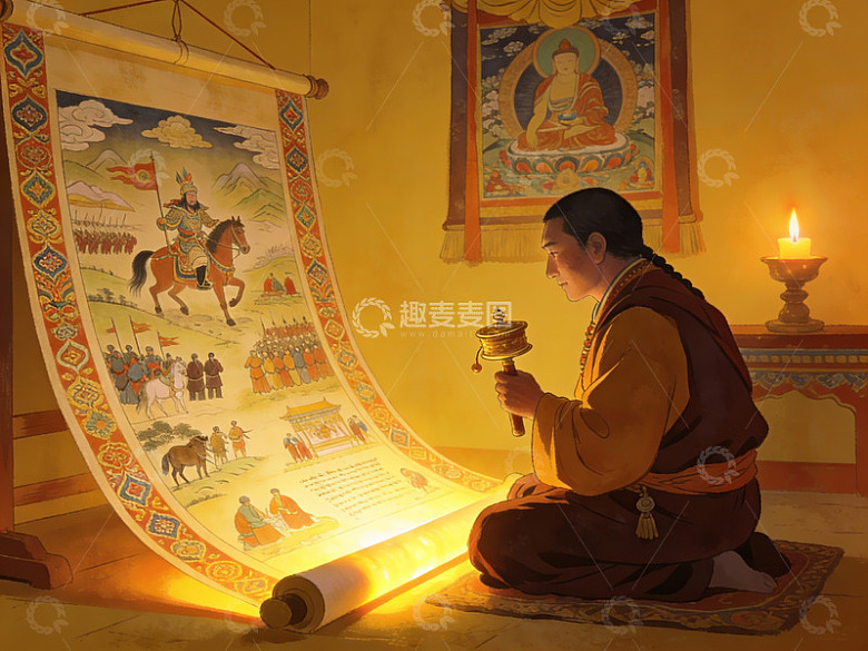 僧人手持转经筒凝视画卷