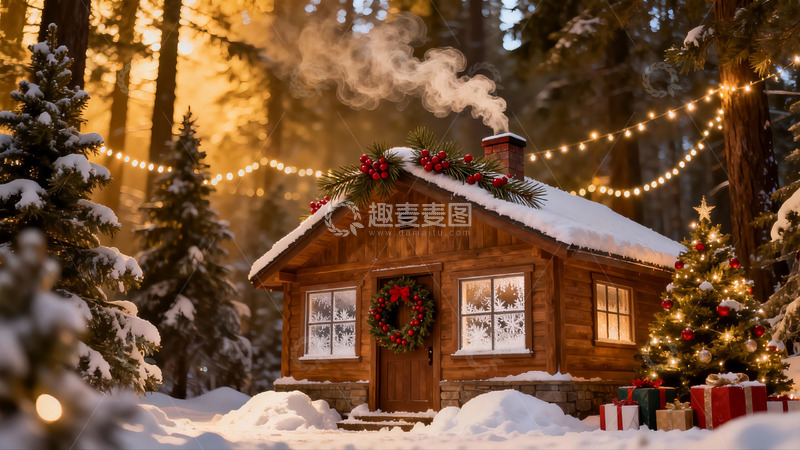 高清大图下载【趣麦麦图】雪夜木屋圣诞氛围浓厚