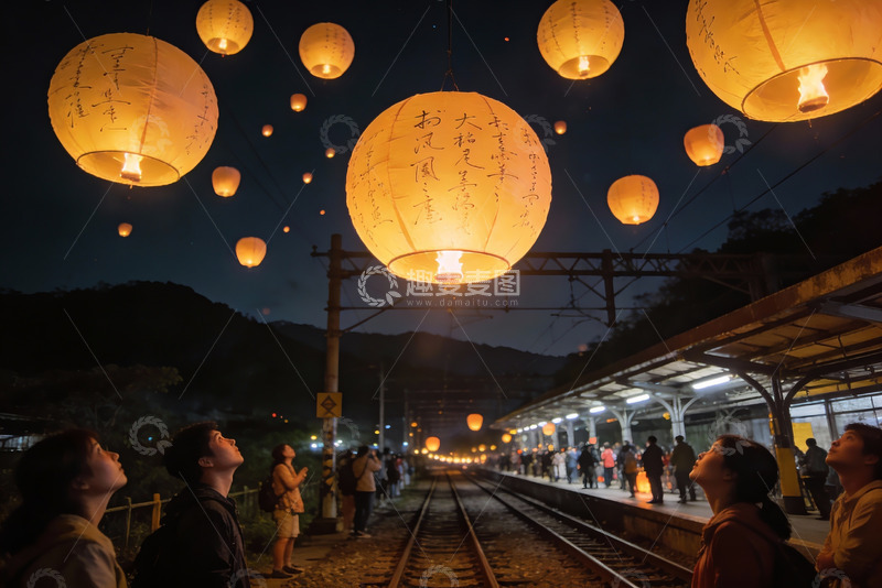高清大图下载【趣麦麦图】夜空灯笼祈福人群