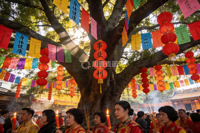 高清大图下载【趣麦麦图】古树祈福庆典众人手持香烛