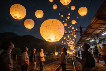 夜空下的灯笼祈福场景