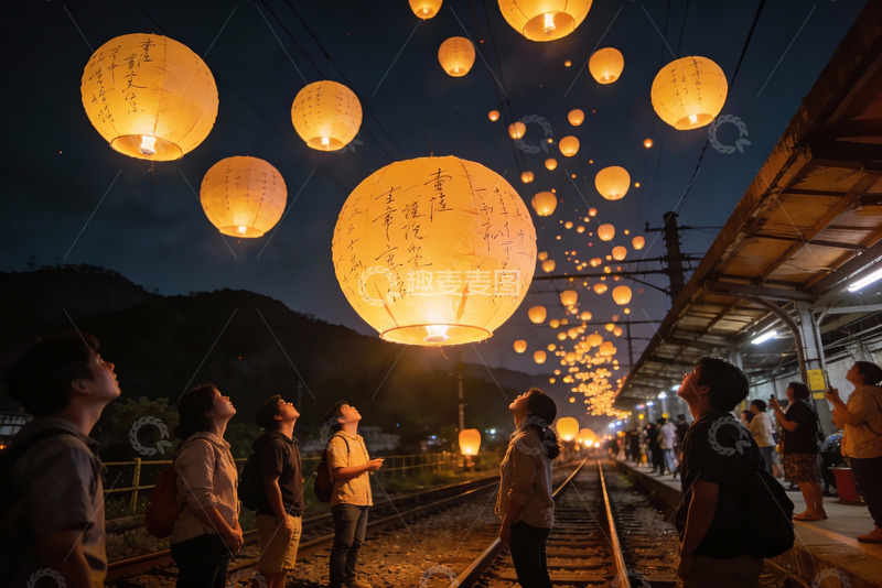 高清大图下载【趣麦麦图】夜空下的灯笼祈福场景