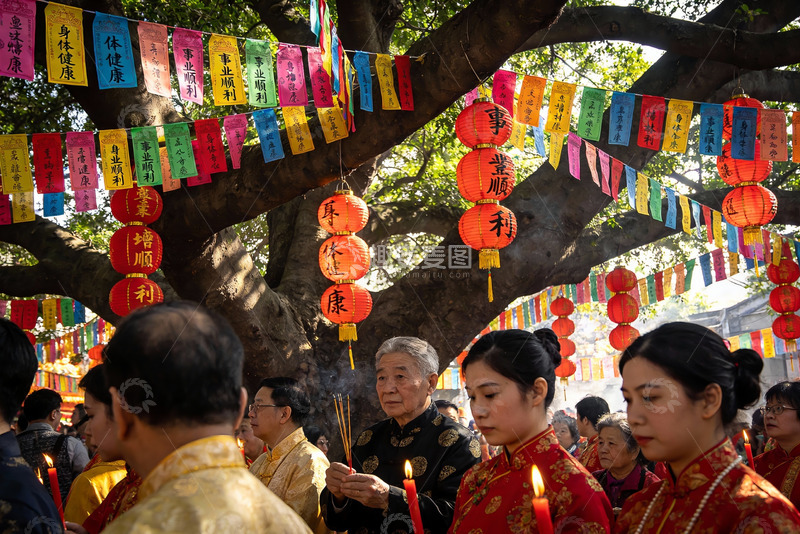 高清大图下载【趣麦麦图】古树下祈福人群手持香烛