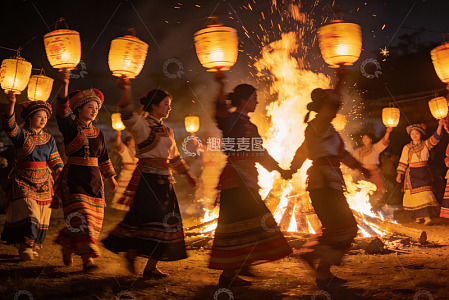 民族女子篝火晚会手持灯笼欢庆