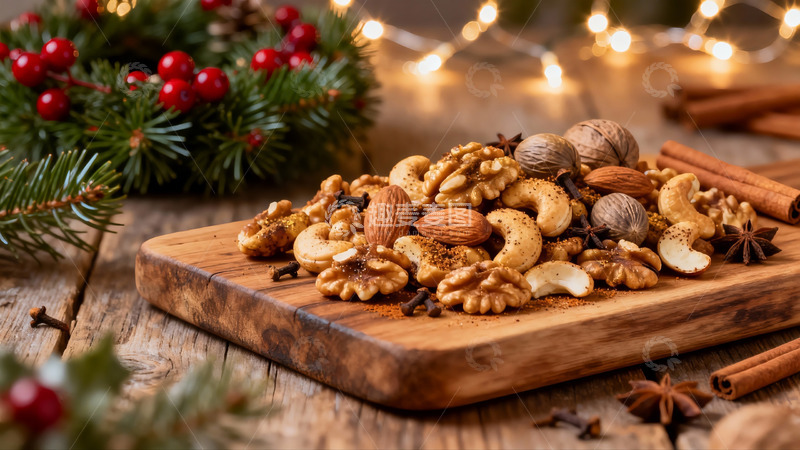 高清大图下载【趣麦麦图】节日坚果拼盘木板摆拍