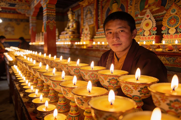 寺庙内僧人与烛光祈福场景