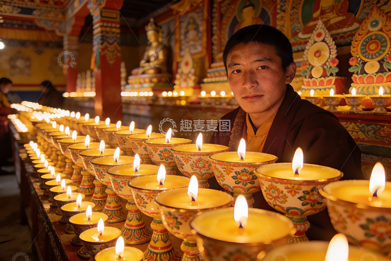 寺庙内僧人与烛光祈福场景