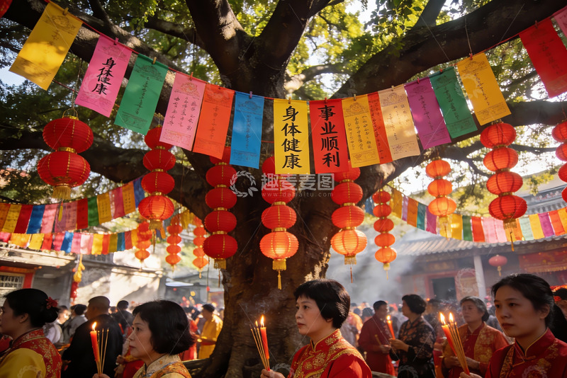 高清大图下载【趣麦麦图】古树下祈福人群挂灯笼