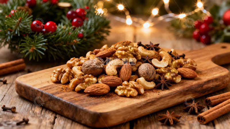 高清大图下载【趣麦麦图】节日坚果拼盘木板摆拍
