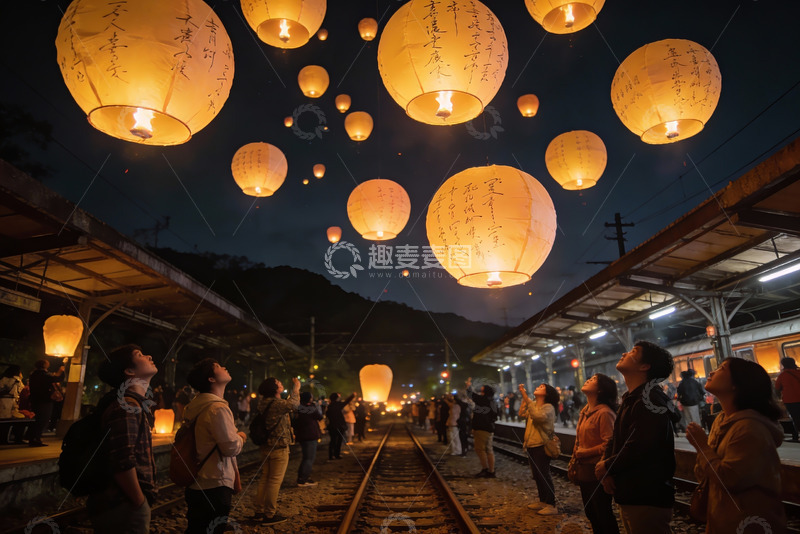 高清大图下载【趣麦麦图】夜空放飞孔明灯祈福场景