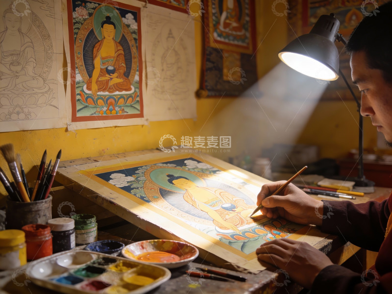 高清大图下载【趣麦麦图】-僧侣专注绘制佛像画