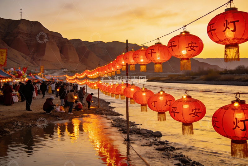 高清大图下载【趣麦麦图】河边夜市灯笼高挂人群熙攘