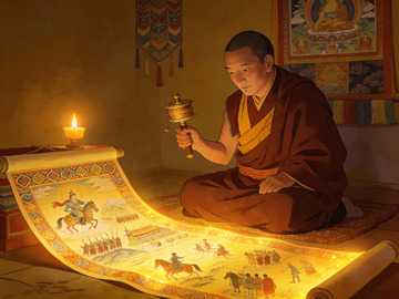 僧人手持转经筒专注阅读经卷