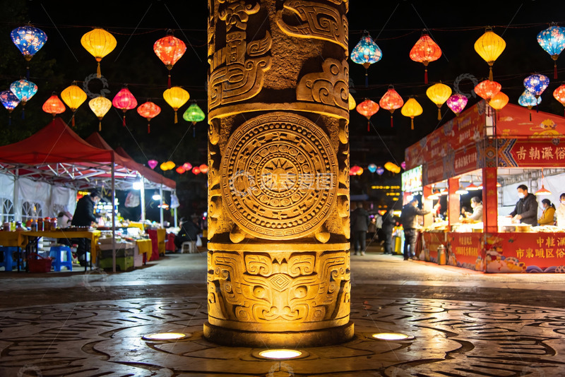 高清大图下载【趣麦麦图】夜市灯笼古柱光影