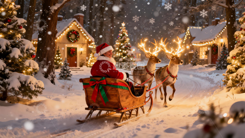 高清大图下载【趣麦麦图】圣诞雪夜驯鹿拉雪橇