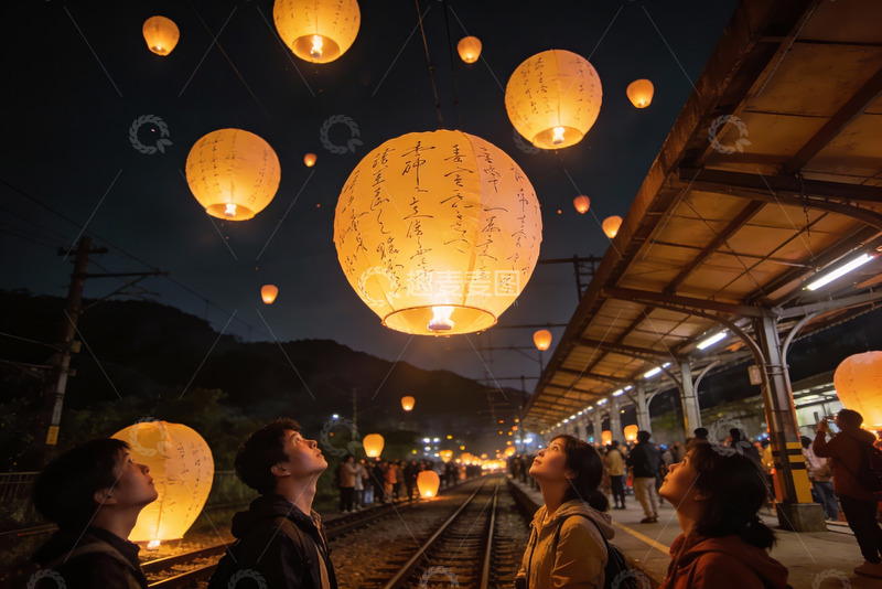 高清大图下载【趣麦麦图】夜空灯笼祈福人群