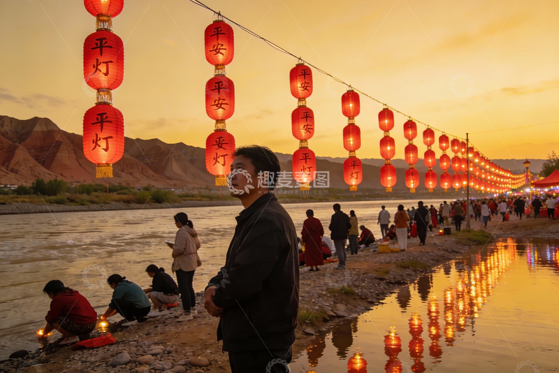 高清大图下载【趣麦麦图】河边灯笼节庆夜景