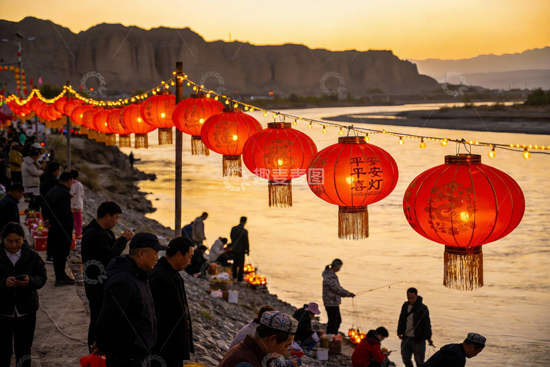 高清大图下载【趣麦麦图】河边夜景灯笼高挂人群聚集
