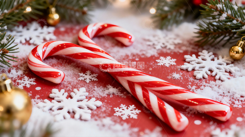 高清大图下载【趣麦麦图】圣诞糖果拐杖与雪花装饰
