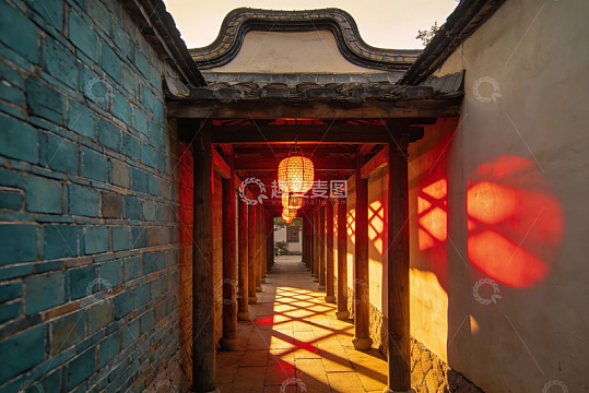 古建筑长廊夕阳光影