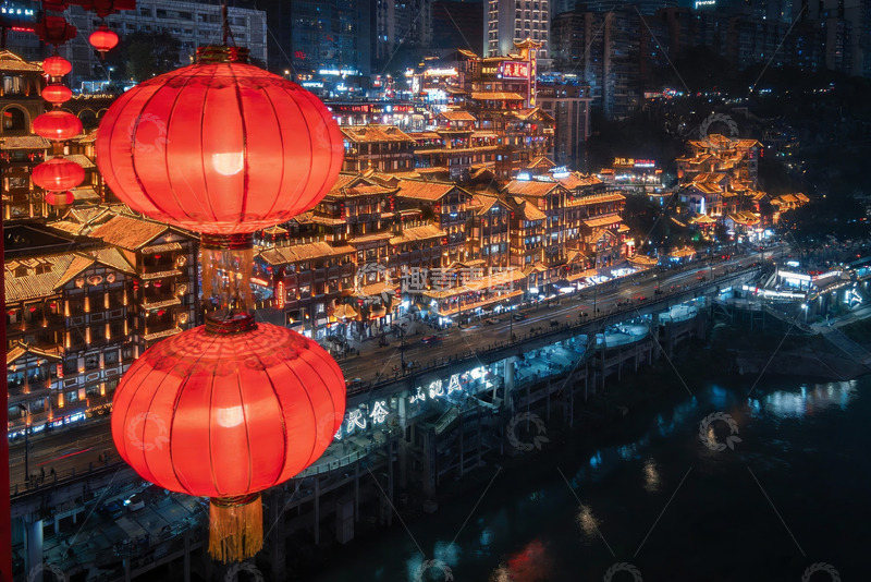 高清大图下载【趣麦麦图】夜景城市灯火辉煌红灯笼高挂