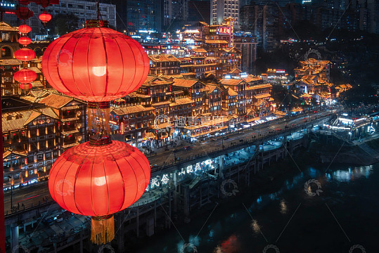 夜景城市灯火辉煌红灯笼高挂