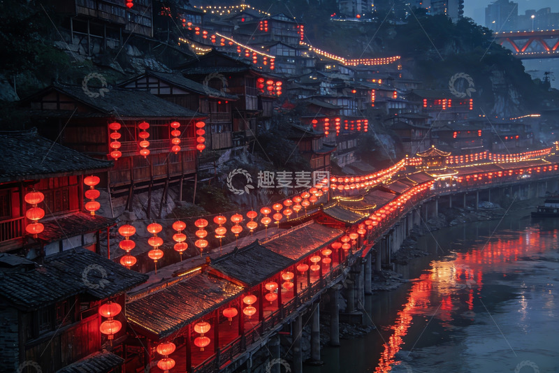 高清大图下载【趣麦麦图】夜色古镇灯火辉煌