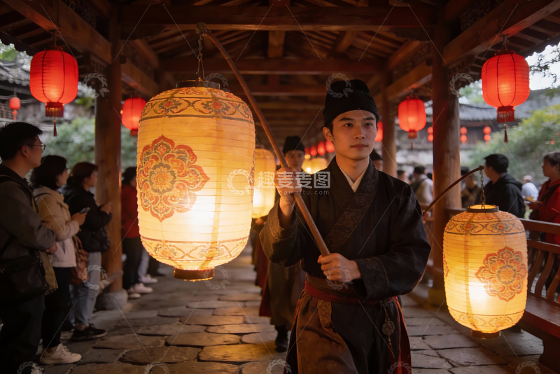 高清大图下载【趣麦麦图】古装男子持灯笼行走在廊桥