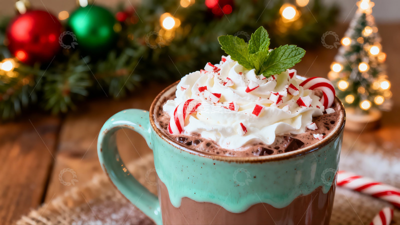 高清大图下载【趣麦麦图】圣诞热巧克力配奶油糖果