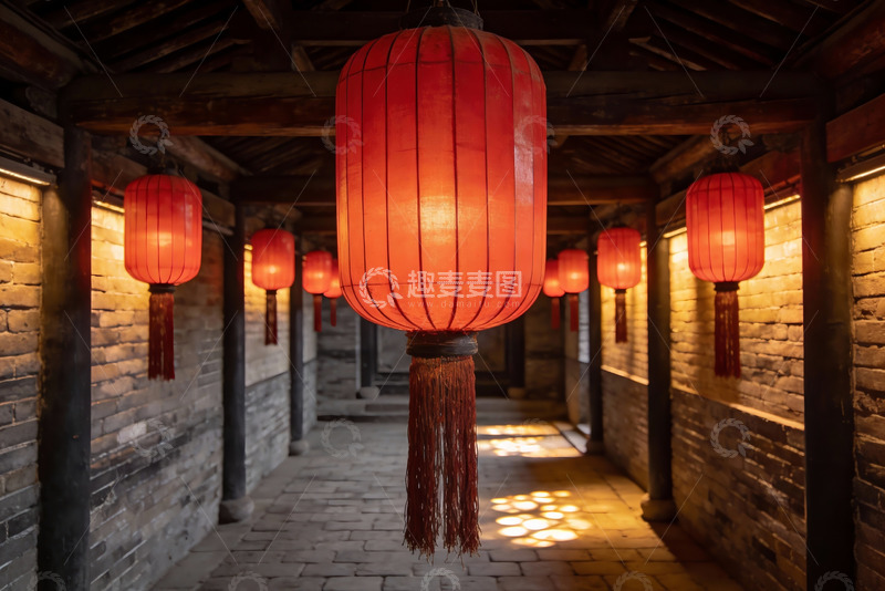 高清大图下载【趣麦麦图】古巷红灯笼映照砖墙长廊