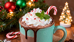 圣诞热巧克力配奶油和拐杖糖