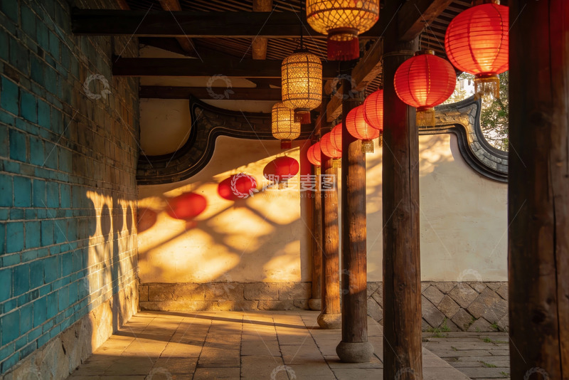 高清大图下载【趣麦麦图】古建筑长廊红灯笼光影