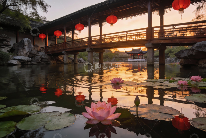 高清大图下载【趣麦麦图】古桥红灯笼映荷塘