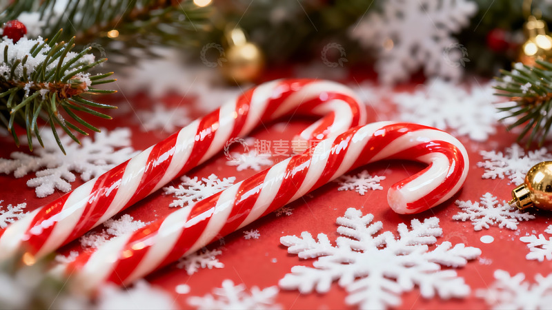 高清大图下载【趣麦麦图】圣诞糖果拐杖与雪花装饰