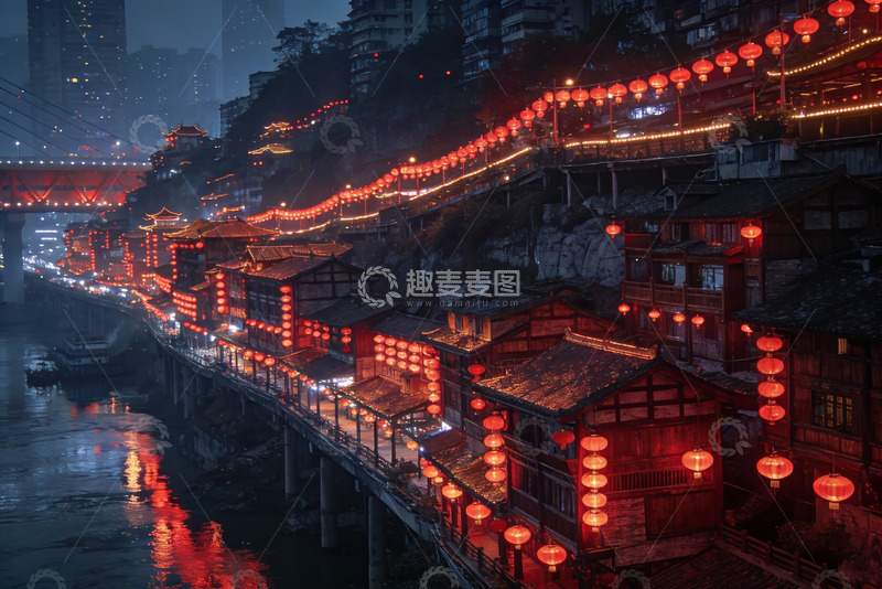 高清大图下载【趣麦麦图】夜色江畔古建筑群灯火辉煌