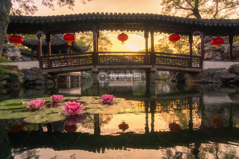 高清大图下载【趣麦麦图】古典园林夕阳荷塘美景