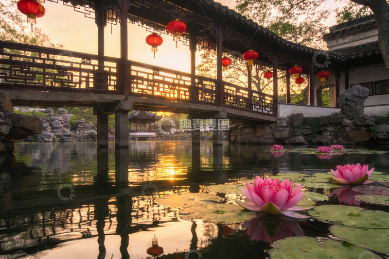高清大图下载【趣麦麦图】古典园林夕阳荷塘美景