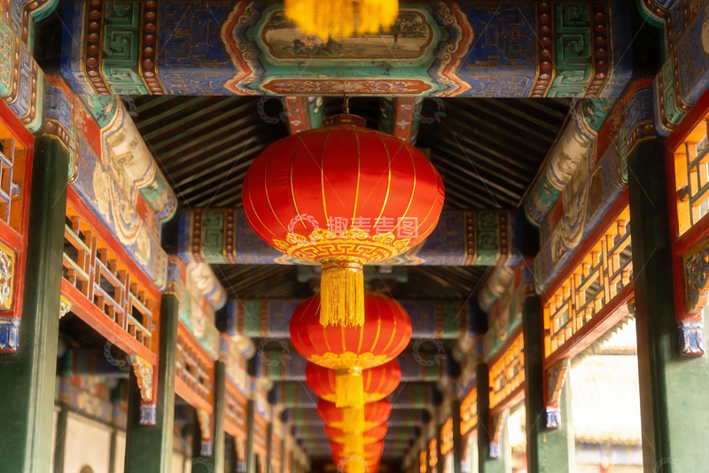 高清大图下载【趣麦麦图】古建筑彩绘屋檐与红灯笼